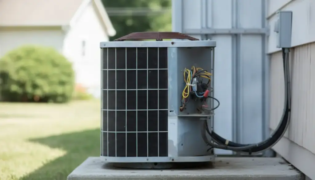 A residential outdoor condenser standing on a concrete pad beside a house