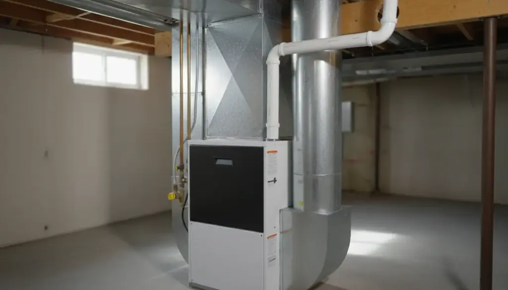 A residential heating appliance in a basement mechanical room with copper pipe runs and a flue