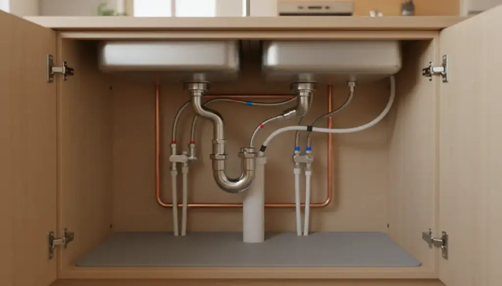 Clean copper and PEX supply work under a residential sink cabinet